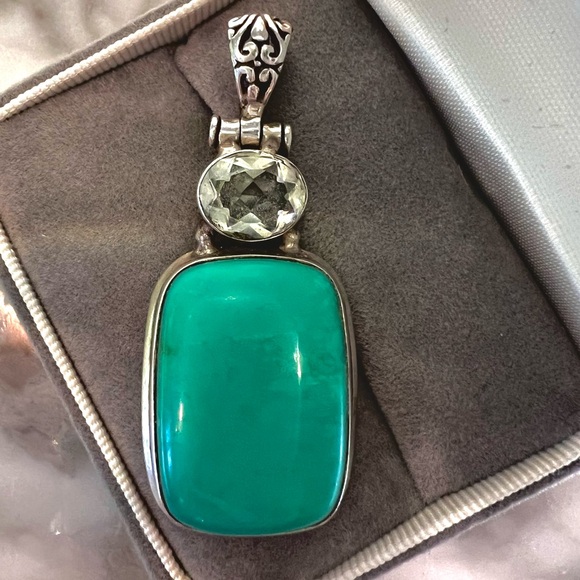Vintage Large Turquoise & Gemstone Pendant Solid 925 Sterling Silver Handmade - Picture 11 of 17
